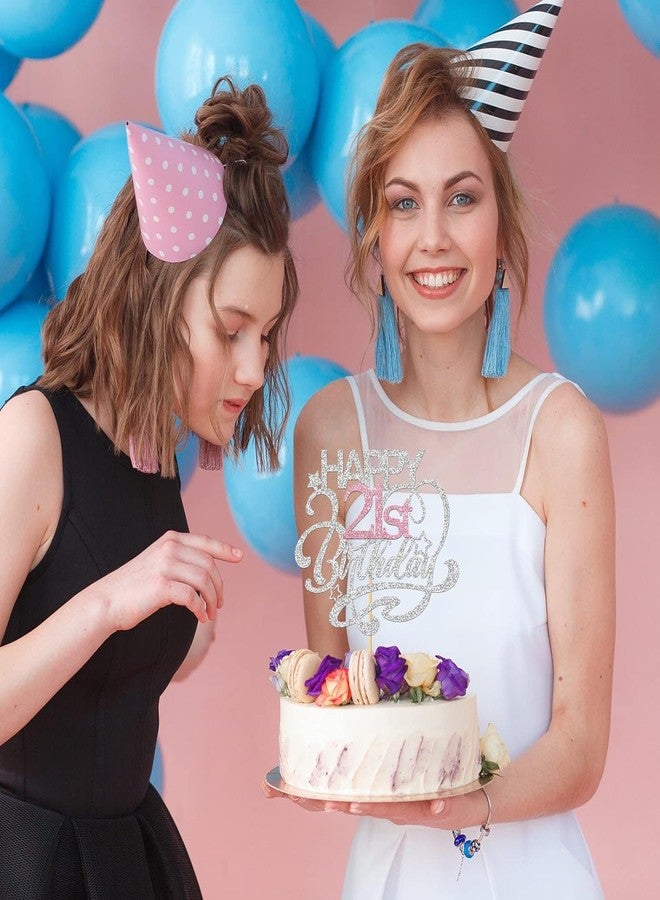 Confetti! Happy Birthday Cake Topper | Cheers to Another Year | Children's Birthday Party Decor Supplies | Silver & Pink Glitter (21st Birthday) - Image 4